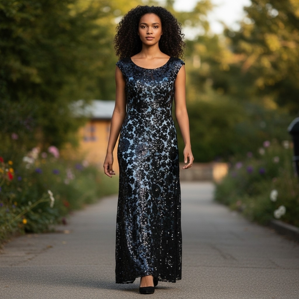 Jade Couture Sequin Maxi Dress Black Green Lace Illusion Cap Sleeve Gown 12